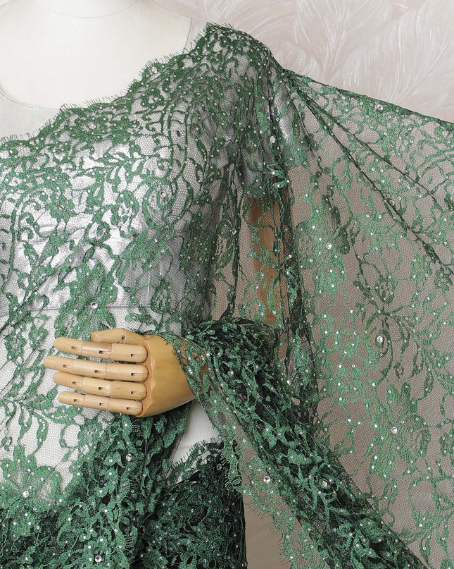 Emerald green Premium French Chantilly lace saree with Stone Work - 110cm x 5.5 Mtrs Piece-D18783