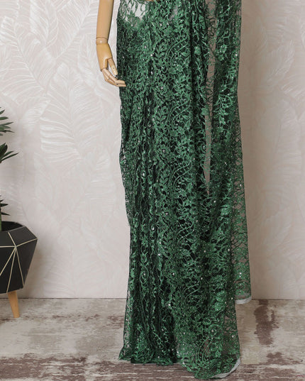 Emerald green Premium French Chantilly lace saree with Stone Work - 110cm x 5.5 Mtrs Piece-D18783 Regal Fabrics