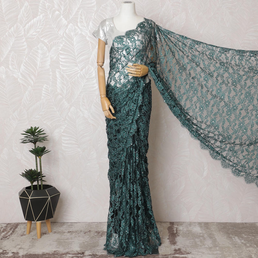 ساري مينت ميست من دانتيل شانتيلي الفرنسي الفاخر مع أعمال حجرية - قطعة 110 سم × 5.5 متر-D18784