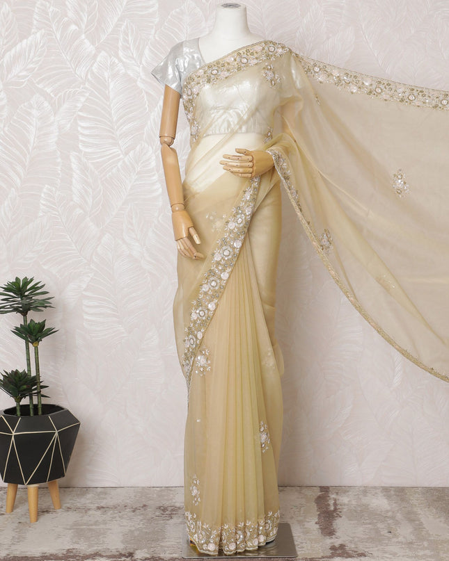 Gold Premium Silk Organza Saree with Embroidery and Stone Work - 110cm x 5.5 Mtrs Piece-D18787