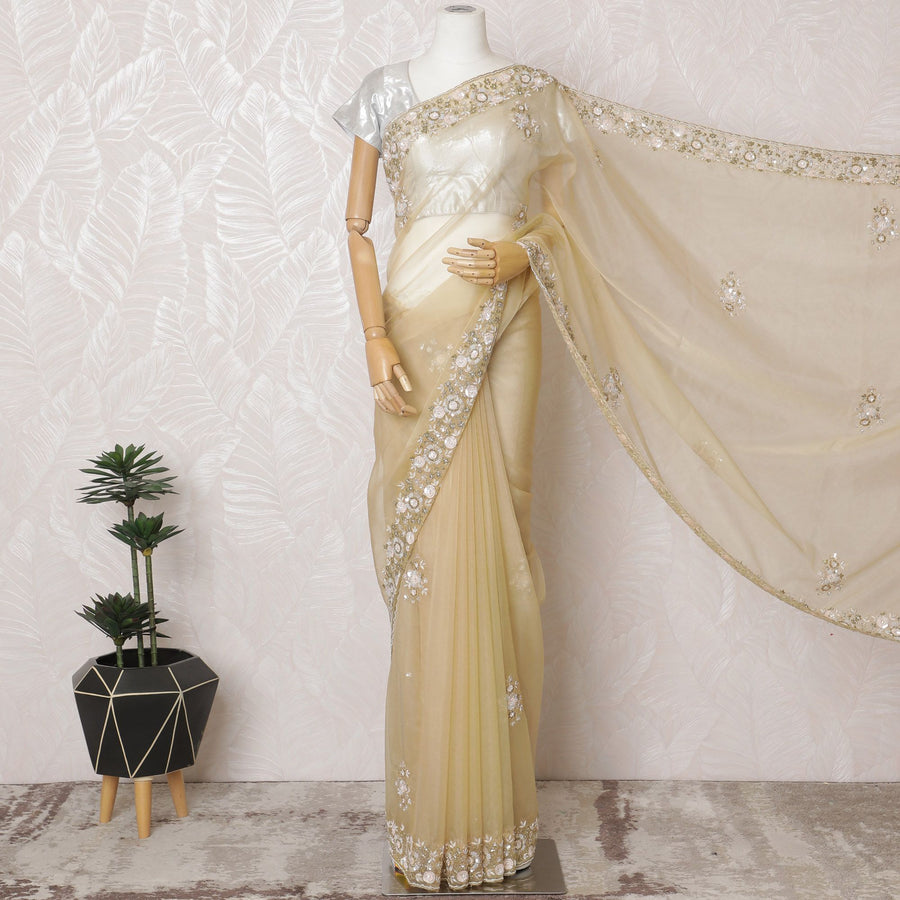 ساري أورجانزا حريري ذهبي فاخر مع تطريز وأعمال حجرية - قطعة 110 سم × 5.5 متر -D18787