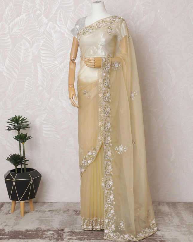 Gold Premium Silk Organza Saree with Embroidery and Stone Work - 110cm x 5.5 Mtrs Piece-D18787