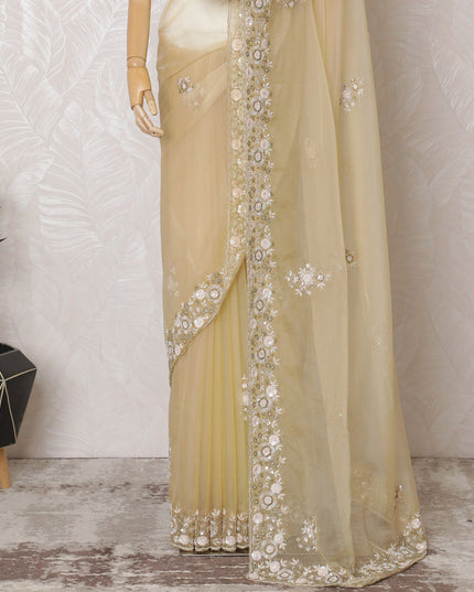 Gold Premium Silk Organza Saree with Embroidery and Stone Work - 110cm x 5.5 Mtrs Piece-D18787