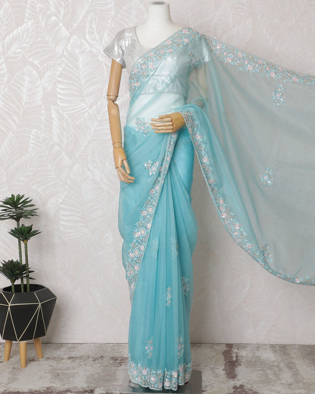 Sky Serenity Premium Silk Organza Saree with Embroidery and Stone Work - 110cm x 5.5m-D18788