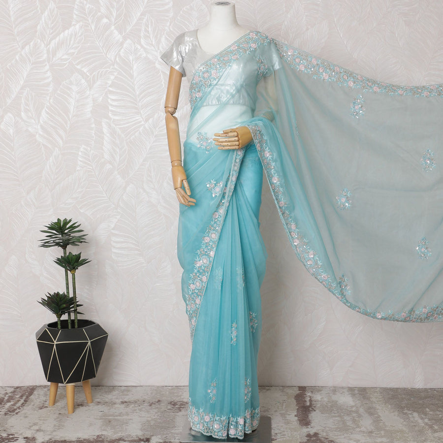 Sky Serenity Premium Silk Organza Saree with Embroidery and Stone Work - 110cm x 5.5m-D18788