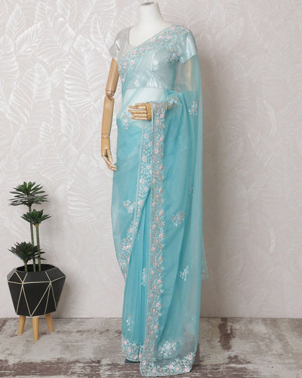 Sky Serenity Premium Silk Organza Saree with Embroidery and Stone Work - 110cm x 5.5m-D18788