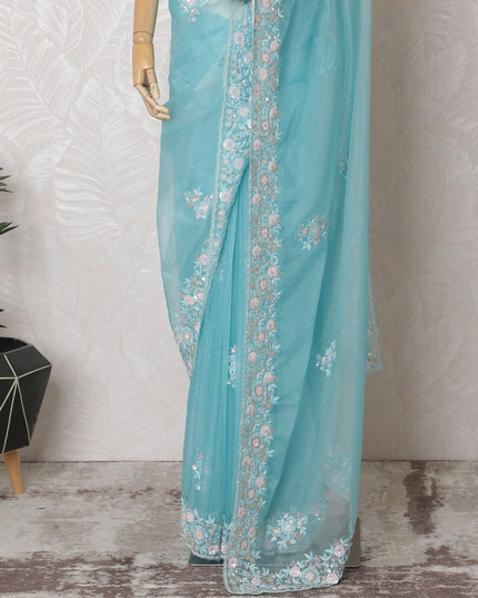 Sky Serenity Premium Silk Organza Saree with Embroidery and Stone Work - 110cm x 5.5m-D18788