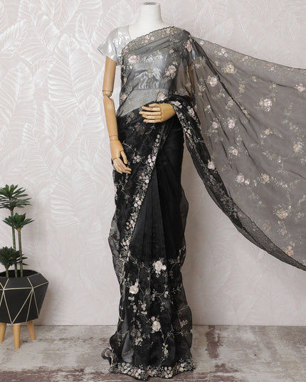 Midnight Floral Premium Silk Organza Saree with Embroidery and Stone Work - 110cm x 5.5m-D18789