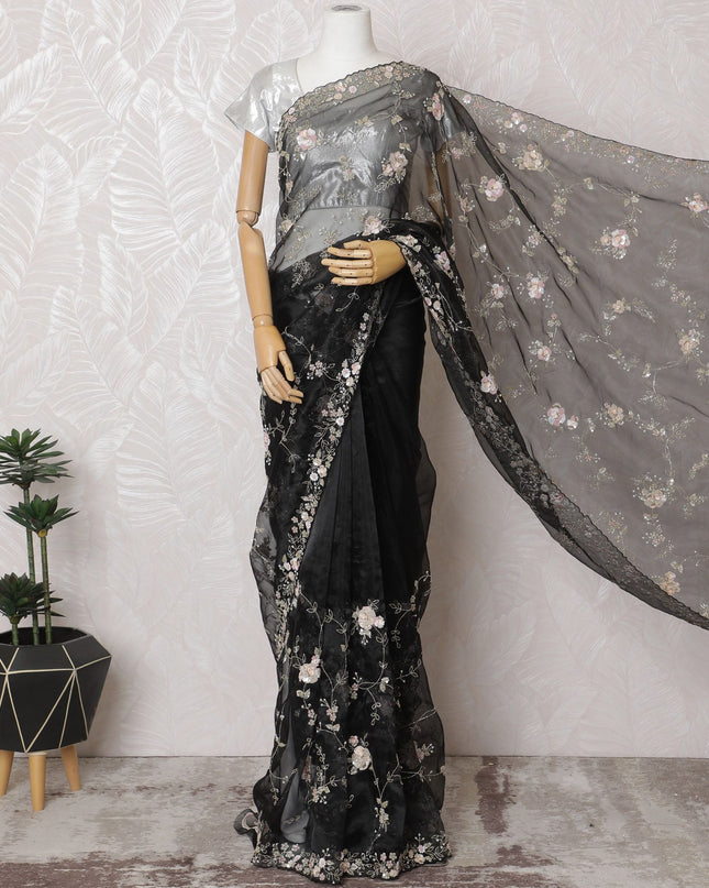 Midnight Floral Premium Silk Organza Saree with Embroidery and Stone Work - 110cm x 5.5m-D18789