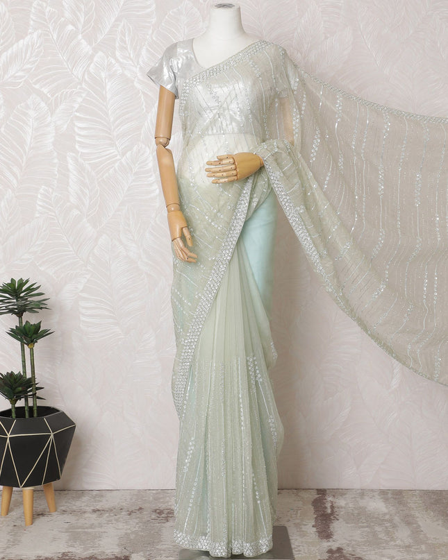 Mint Mist Premium Silk Organza Saree with Embroidery and Stone Work - 110cm x 5.5m-D18791