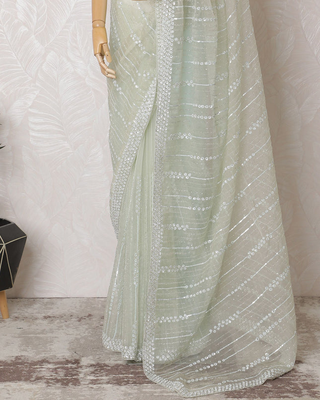 Mint Mist Premium Silk Organza Saree with Embroidery and Stone Work - 110cm x 5.5m-D18791