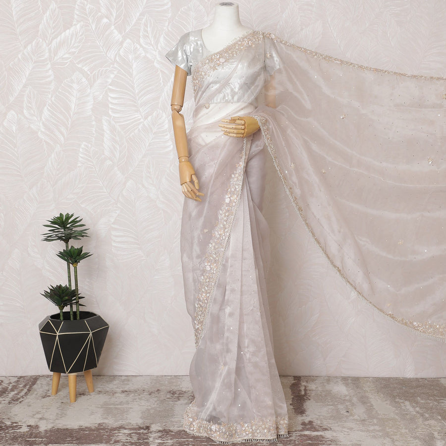 ساري أورجانزا حريري فاخر من Pearl Sheen مع تطريز وأعمال حجرية - 110 سم × 5.5 م -D18792