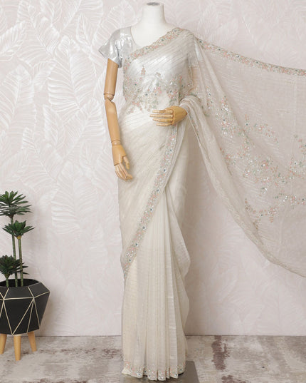 Ivory Glint Premium Silk Organza Saree with Embroidery and Stone Work - 110cm x 5.5m-D18794