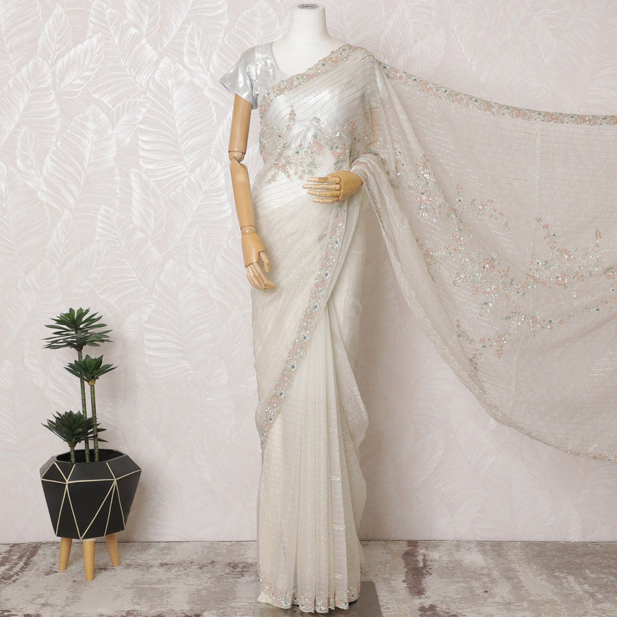 Ivory Glint Premium Silk Organza Saree with Embroidery and Stone Work - 110cm x 5.5m-D18794