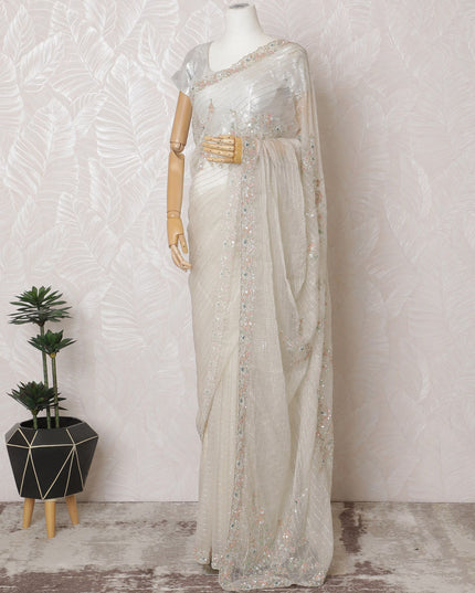 Ivory Glint Premium Silk Organza Saree with Embroidery and Stone Work - 110cm x 5.5m-D18794