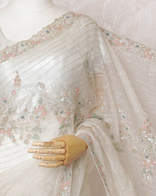 Ivory Glint Premium Silk Organza Saree with Embroidery and Stone Work - 110cm x 5.5m-D18794