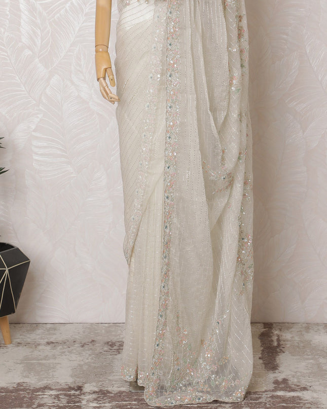 Ivory Glint Premium Silk Organza Saree with Embroidery and Stone Work - 110cm x 5.5m-D18794