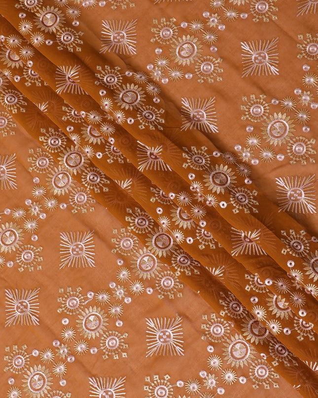 Golden Elegance Burnt Sienna Cotton Voile Embroidered Fabric for Thobe - 140cm x 4.5 Mtrs piece-D18587