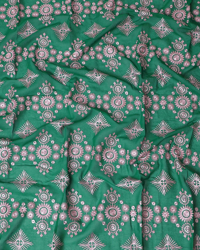 Emerald Oasis Embroidered Cotton Voile for Sudanese Thobe - 140cm x 4.5 Mtrs piece-D18588