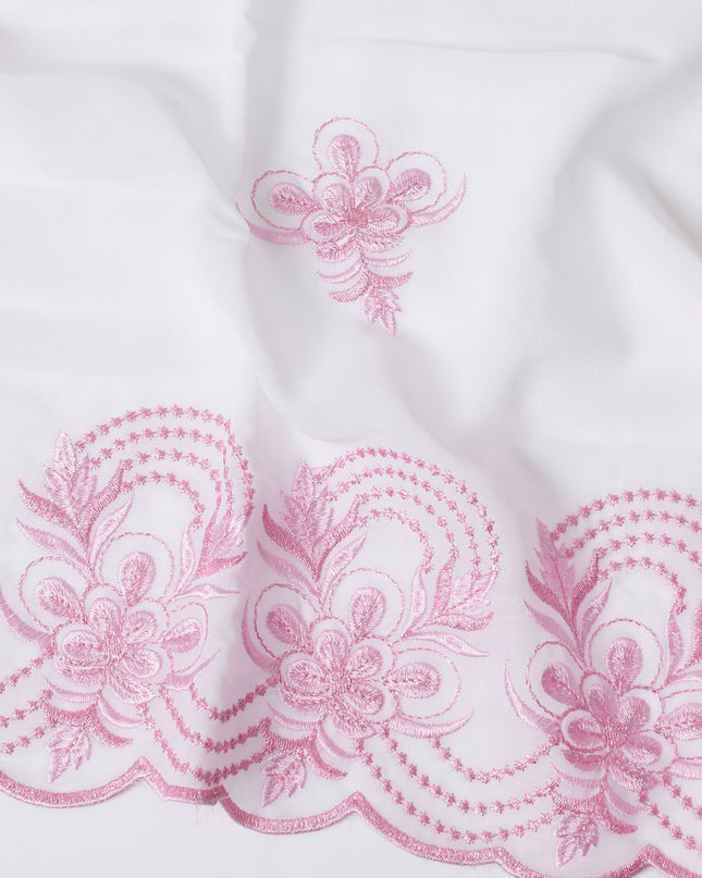 Pure White Cotton Voile with Pink Embroidery for Sudanese Thobe - 140cm x 4.5 Mtrs piece-D18590