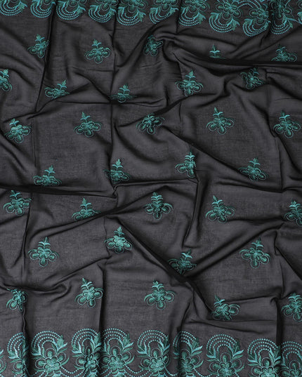 Midnight Black Cotton Voile with Teal Embroidery for Sudanese Thobe - 140cm x 4.5 Mtrs piece-D18592