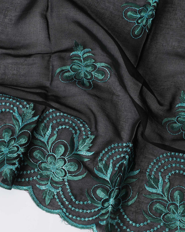Midnight Black Cotton Voile with Teal Embroidery for Sudanese Thobe - 140cm x 4.5 Mtrs piece-D18592