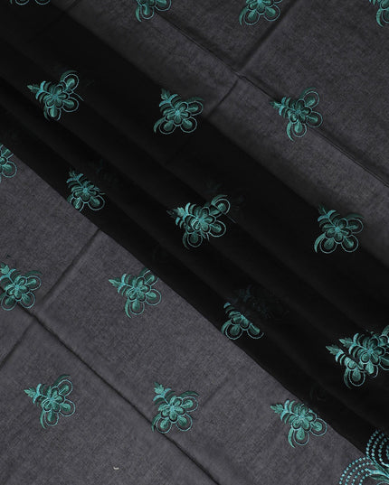 Midnight Black Cotton Voile with Teal Embroidery for Sudanese Thobe - 140cm x 4.5 Mtrs piece-D18592