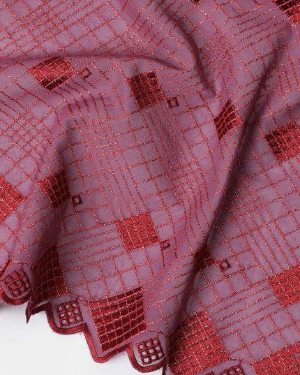 Vintage Mauve Cotton Voile with Red Geometric Embroidery for Sudanese Thobe - 140cm x 4.5 Mtrs piece-D18594