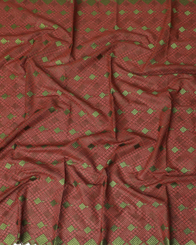 Rustic Red Cotton Voile with Green Diamond Embroidery for Sudanese Thobe - 140cm x 4.5 Mtrs piece-D18595