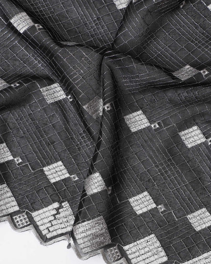 Charcoal Geometric Embroidered Cotton Voile for Sudanese Thobe - 140cm x 4.5 Mtrs piece-D18596