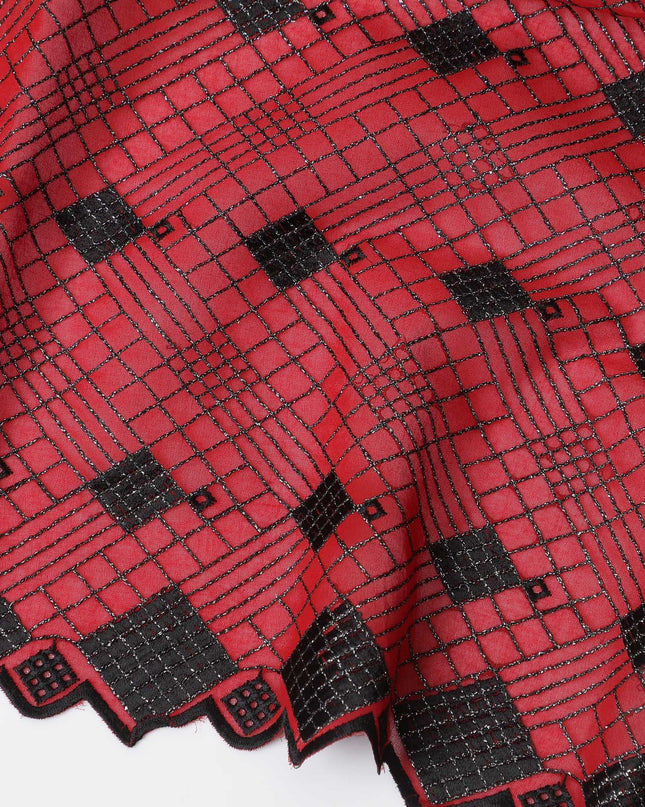 Crimson Charm Cotton Voile with Black Geometric Embroidery for Sudanese Thobe - 140cm x 4.5 Mtrs piece-D18597
