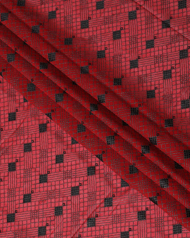 Crimson Charm Cotton Voile with Black Geometric Embroidery for Sudanese Thobe - 140cm x 4.5 Mtrs piece-D18597