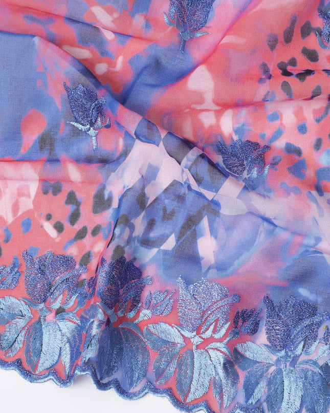 Vibrant Coral & Blue Leopard Floral Swiss Cotton Voile Fabric - Embroidered, Lightweight, 140cm Wide-4.5 Mtrs piece-D18605