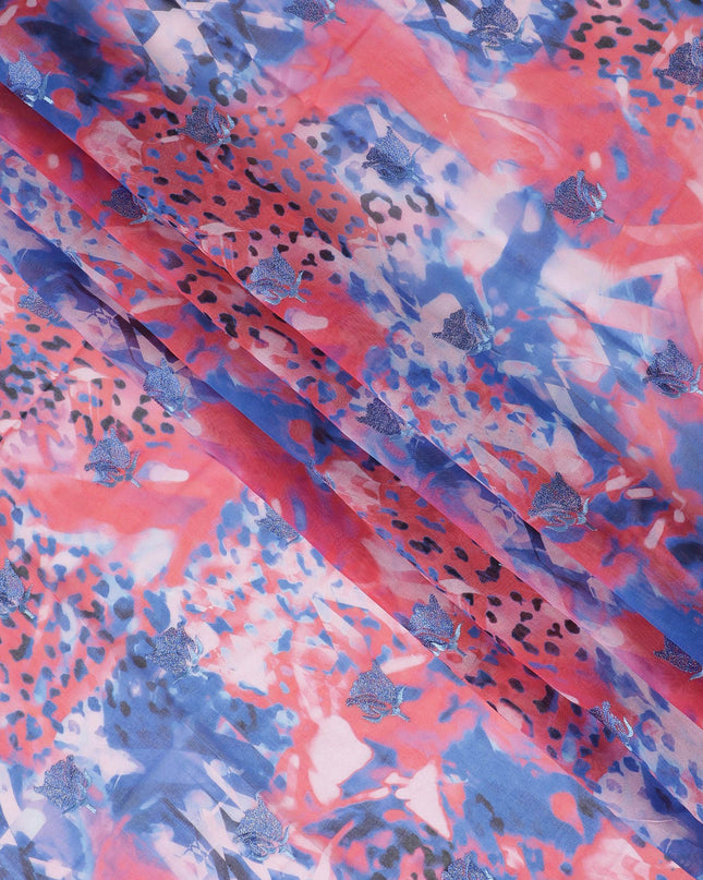 Vibrant Coral & Blue Leopard Floral Swiss Cotton Voile Fabric - Embroidered, Lightweight, 140cm Wide-4.5 Mtrs piece-D18605