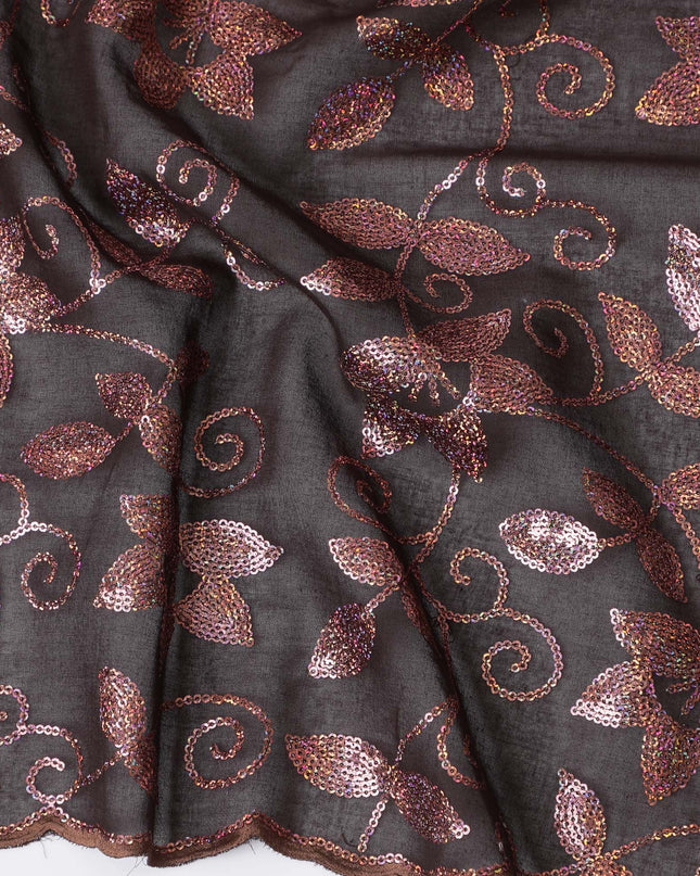 Elegant Brown Floral Embroidered Cotton Voile Fabric for Thobe - 140cm Width-4.5 Mtrs piece-D18606