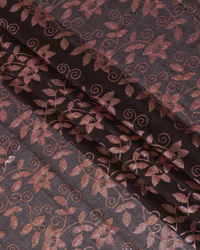 Elegant Brown Floral Embroidered Cotton Voile Fabric for Thobe - 140cm Width-4.5 Mtrs piece-D18606