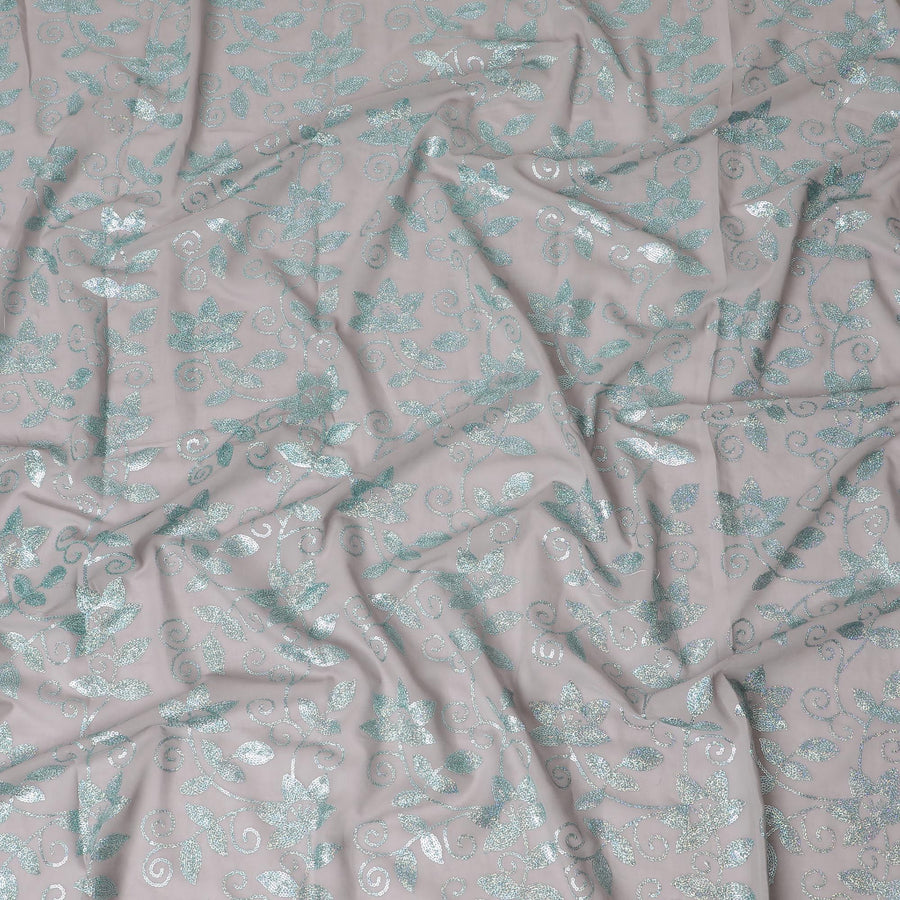 Sophisticated Silver Leaf Embroidery on Soft Taupe Cotton Voile Fabric - 140cm Width-4.5 Mtrs piece-D18608