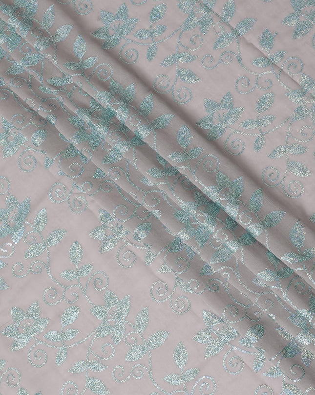 Sophisticated Silver Leaf Embroidery on Soft Taupe Cotton Voile Fabric - 140cm Width-4.5 Mtrs piece-D18608