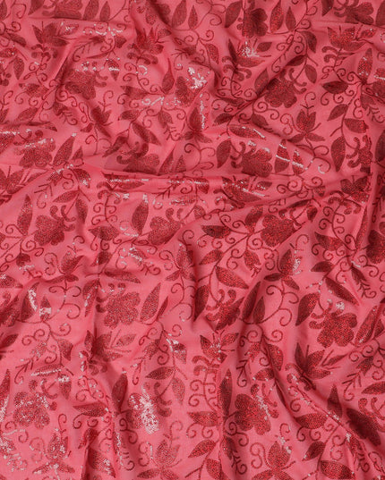 Radiant Coral Red Embroidered Cotton Voile Fabric for Thobe - 140cm Wide-4.5 Mtrs piece-D18609