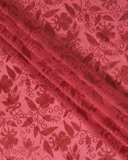 Radiant Coral Red Embroidered Cotton Voile Fabric for Thobe - 140cm Wide-4.5 Mtrs piece-D18609