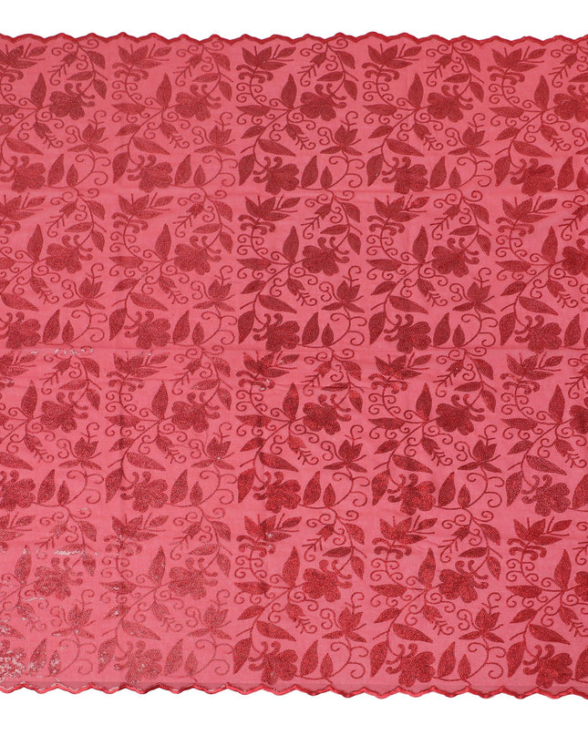 Radiant Coral Red Embroidered Cotton Voile Fabric for Thobe - 140cm Wide-4.5 Mtrs piece-D18609