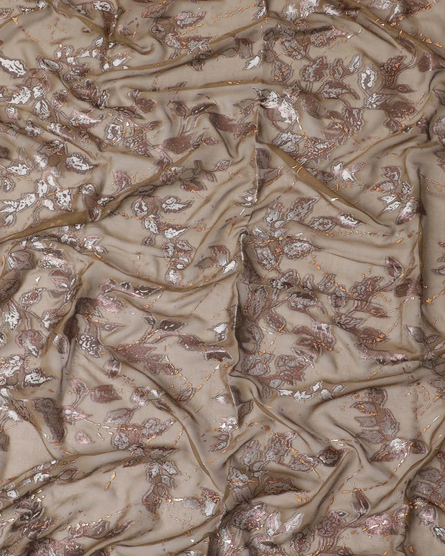 Mocha Mirage Embroidered Silk Chiffon Garbasaar Fabric, 110 cm Wide – South Korean Textile Artistry- Piece of 2.0 Mtrs-D18688 Regal Fabrics