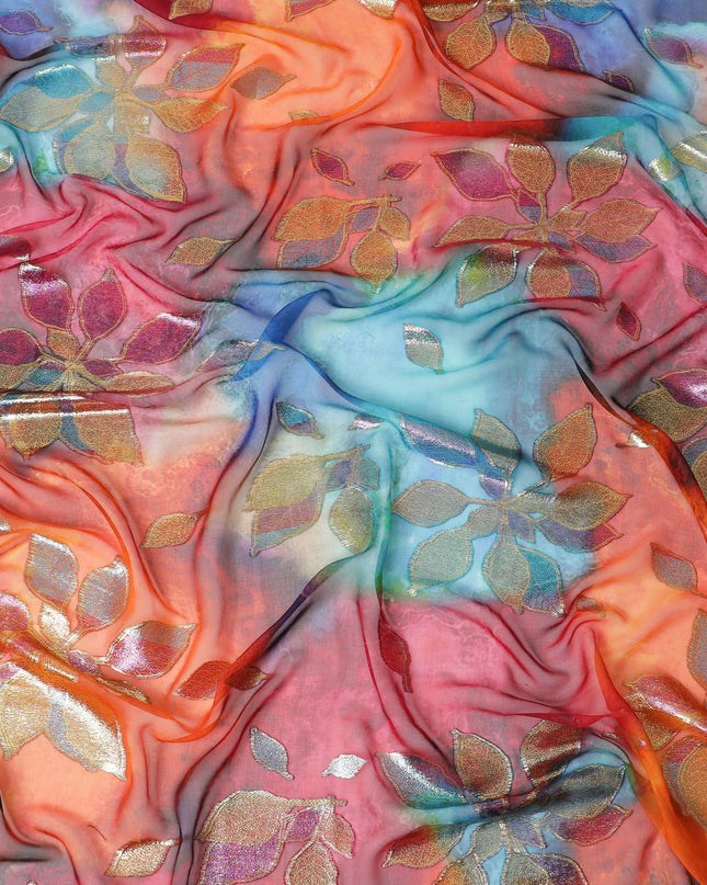 Sunset Shimmer Leaf Silk Chiffon Garbasaar Fabric, 110 cm Wide – South Korean Crafted Elegance- Piece of 2.0 Mtrs-D18691