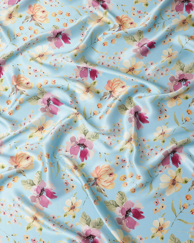 Light Blue Pure Silk Satin Fabric with Romantic Floral Print - Premium Italian Fabric, 140cm Wide-D18699