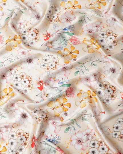 Ivory Pure Silk Satin Fabric with Delicate Multicolor Floral Pattern - Luxurious Italian Fabric, 140cm Wide-D18700