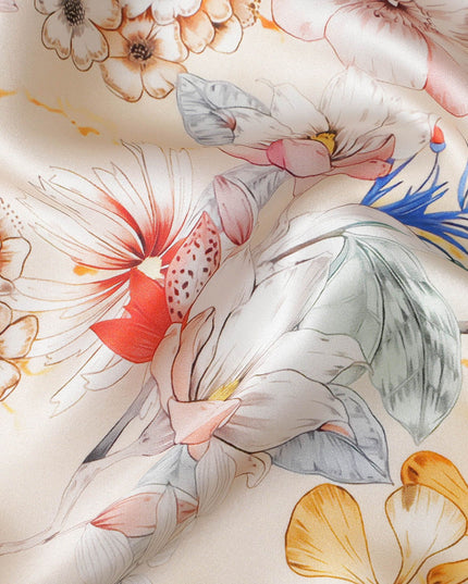 Ivory Pure Silk Satin Fabric with Delicate Multicolor Floral Pattern - Luxurious Italian Fabric, 140cm Wide-D18700
