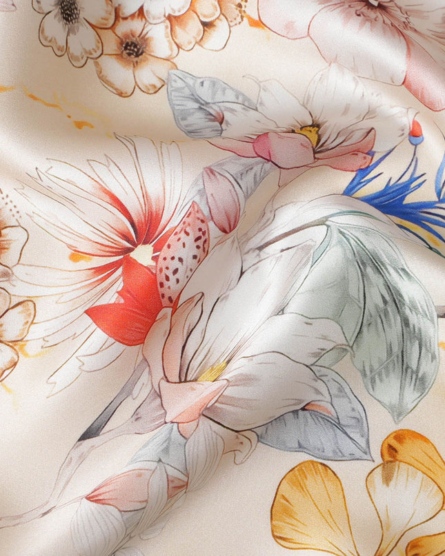 Ivory Pure Silk Satin Fabric with Delicate Multicolor Floral Pattern - Luxurious Italian Fabric, 140cm Wide-D18700