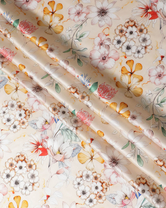 Ivory Pure Silk Satin Fabric with Delicate Multicolor Floral Pattern - Luxurious Italian Fabric, 140cm Wide-D18700