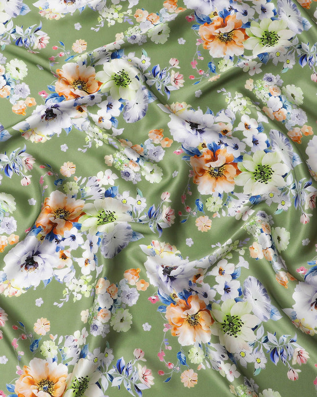 Olive Green Pure Silk Satin Fabric with Lush Floral Bouquet Print - High-Quality Italian Silk, 140cm Width-D18701