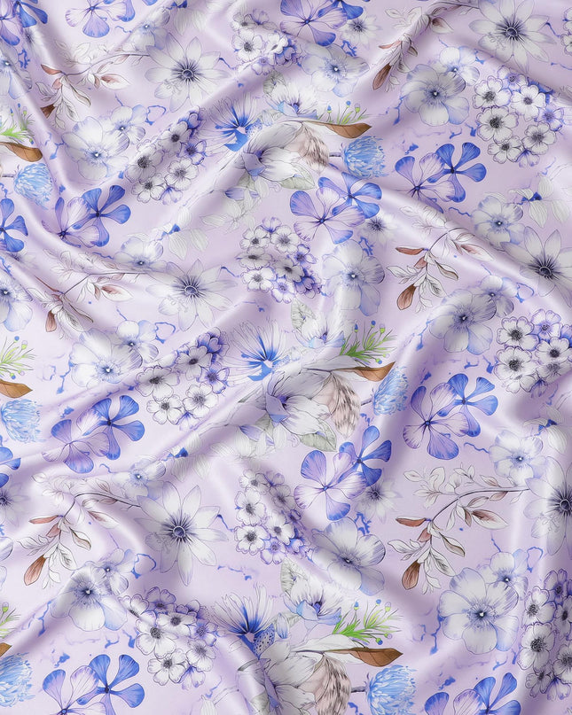Lavender Bliss Pure Silk Satin Fabric with Blue Botanical Print - Elegant Italian Silk Fabric, 140cm Width-D18702